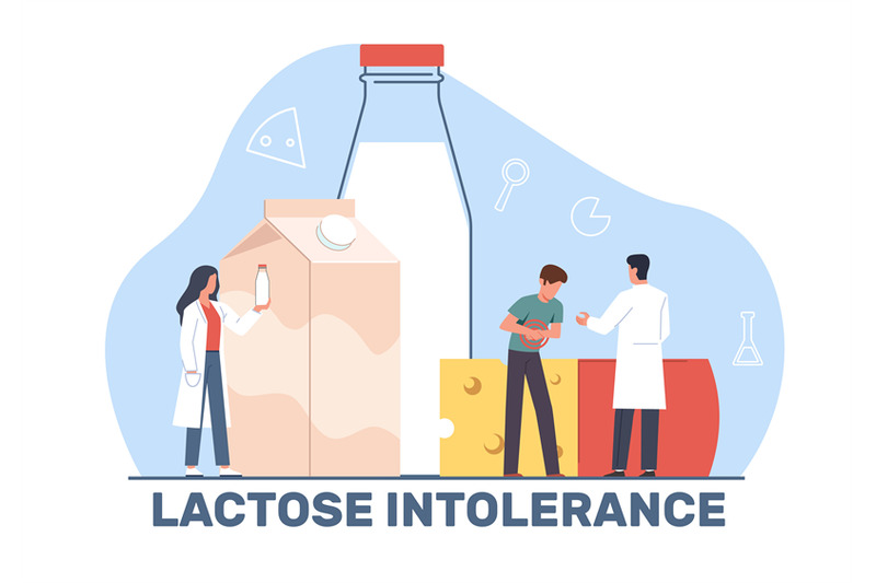 Concept of lactose intolerance, man feels unpleasant sensations in sto ...