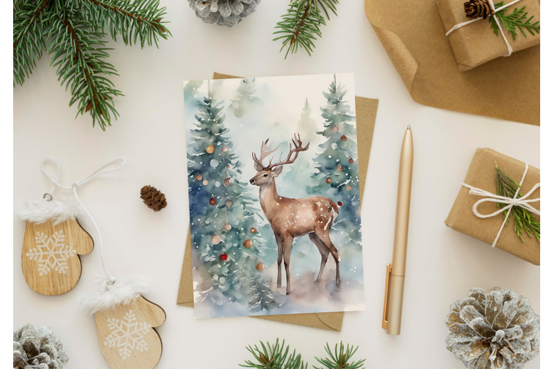 Watercolor Christmas Card. Deer And Christmas Tree. Digital Download 5 