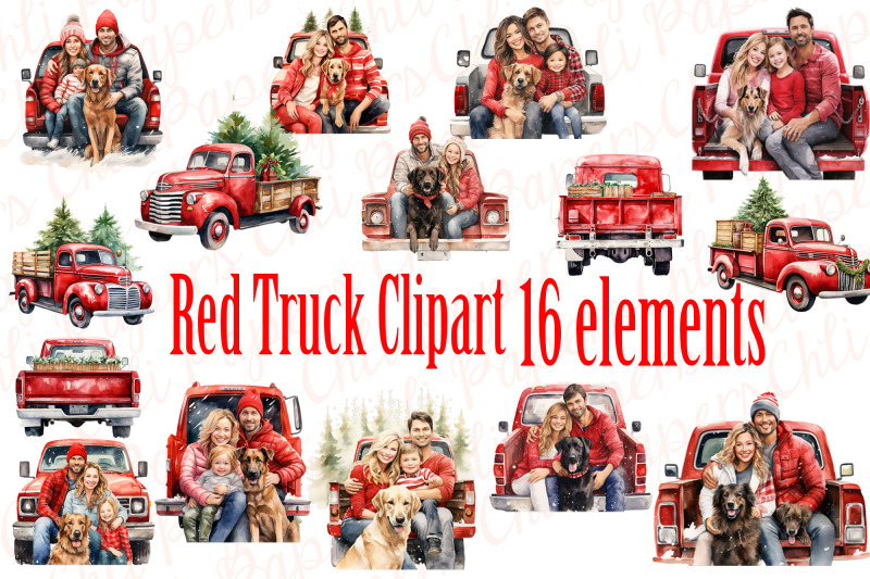 Christmas Retro Truck Clipart,Christmas Family,Family dog By