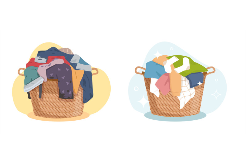 Dirty and clean clothes, washed laundry in hamper. Apparel heap with s