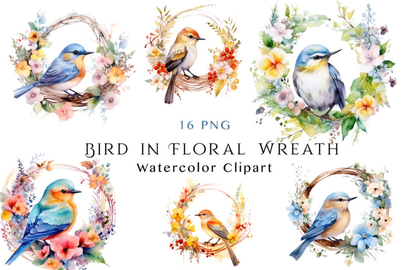 Watercolor Bird in Floral Wreath Bundle By EasyConceptSVG | TheHungryJPEG