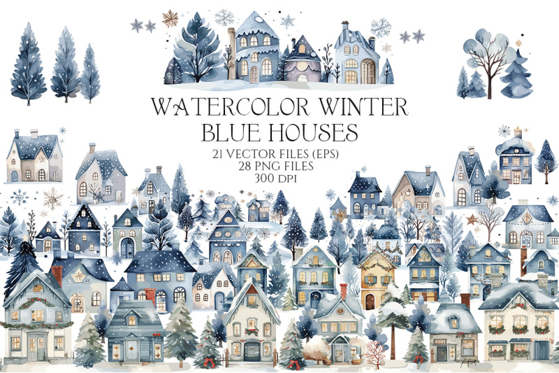 Watercolor Winter Blue houses By EvgeniiasArt | TheHungryJPEG