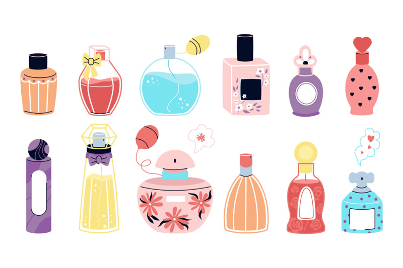 Cartoon perfume bottles, scented water and perfumes retro packaging. F ...