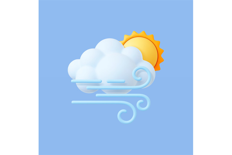 Wind weather 3d icon. Realistic cloud on blue, windy day symbol. Autum ...