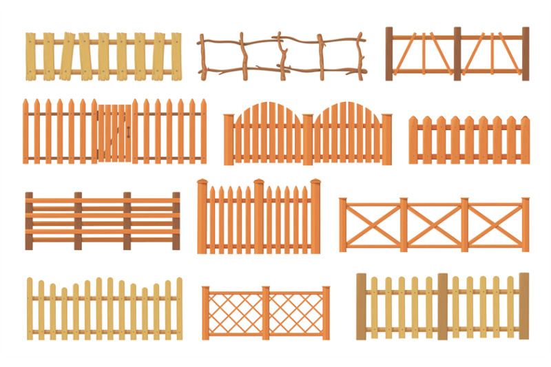 Wooden enclosures. Wood fence, timber palisade garden railing cartoon ...