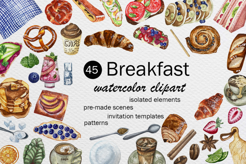 Watercolor Coffee Pastry Bruschetta Clipart And Illustration Set By ...