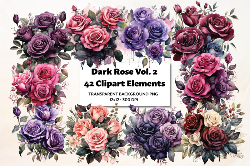 Dark Roses Watercolor Clipart, Vol. 2, 42 High Quality PNG By Sunday ...