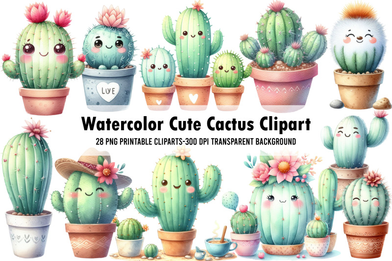 Watercolor Cute Cactus Clipart By pacific store | TheHungryJPEG