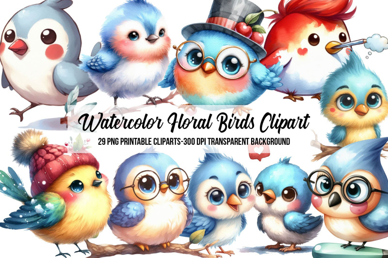 Watercolor Floral Birds Clipart By pacific store | TheHungryJPEG