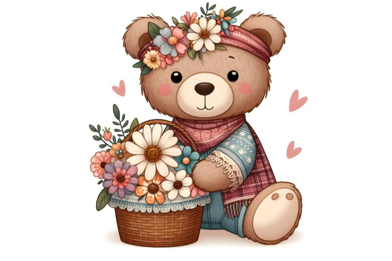 Cartoon Teddy Bear with flowers By dianaxstoyanova | TheHungryJPEG