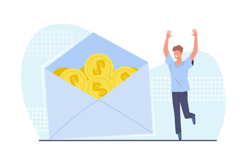 Guy got letter notifying him of payment. Happy man with golden coins i ...