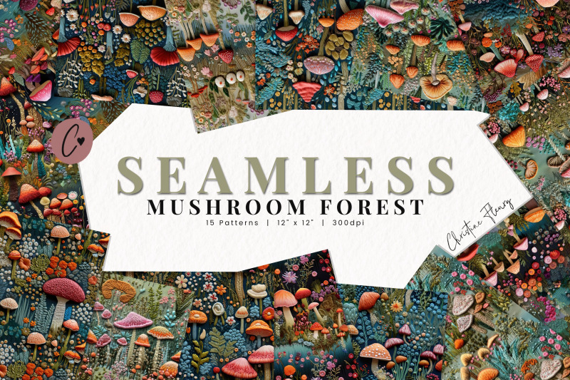 Seamless Embroidered Mushroom Forest Pattern By Christine Fleury ...