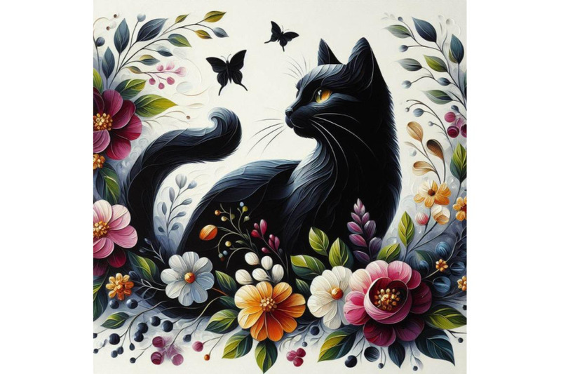 A set of beautiful black cat silhouette with flowers, flat By ...