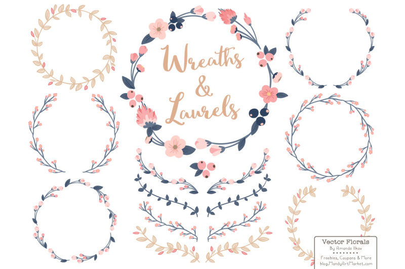 Vector Floral Wreath & Laurels In Navy & Blush By Amanda Ilkov ...