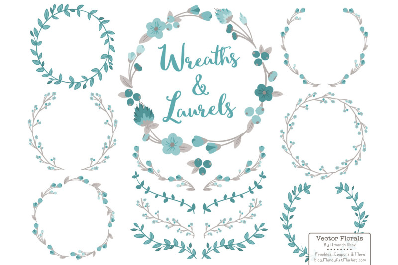 Floral Wreath & Laurels Vectors In Vintage Blue By Amanda Ilkov ...