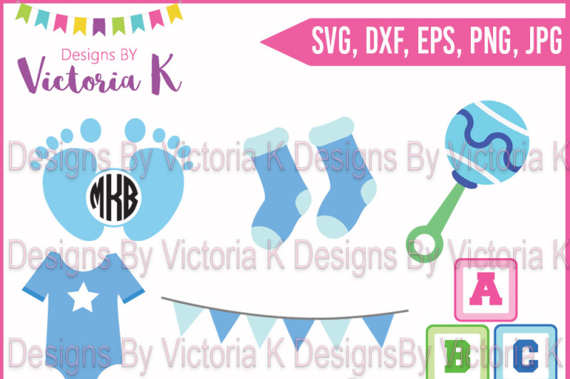 Baby Boy New Baby Monogram Feet Socks Rattle Vest Blocks Bunting Svg Dxf Cricut Silhouette Cut Files By Designs By Victoria K Thehungryjpeg Com