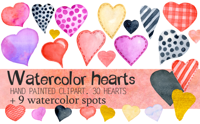 Watercolor Hearts. Hand-painted Clipart By Evgeniiasart 