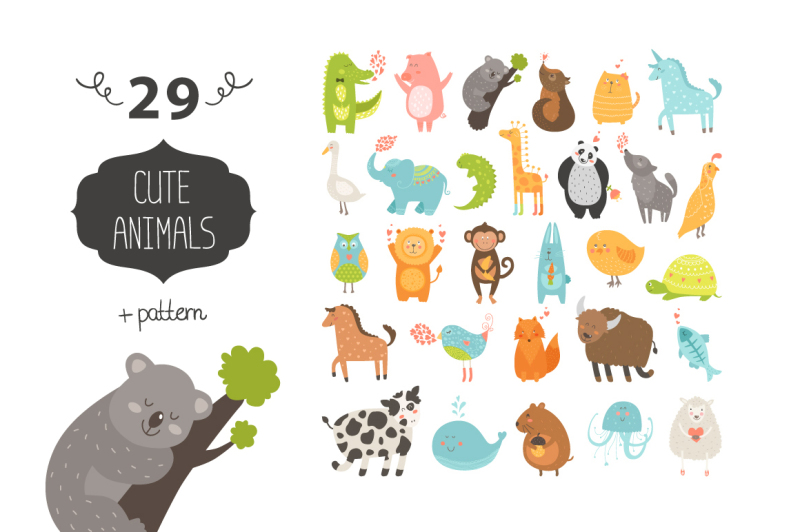 Cute animals collection+pattern By tatikarpenko | TheHungryJPEG