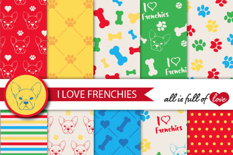 I Love Frenchies Digital Paper French bulldog background red yellow