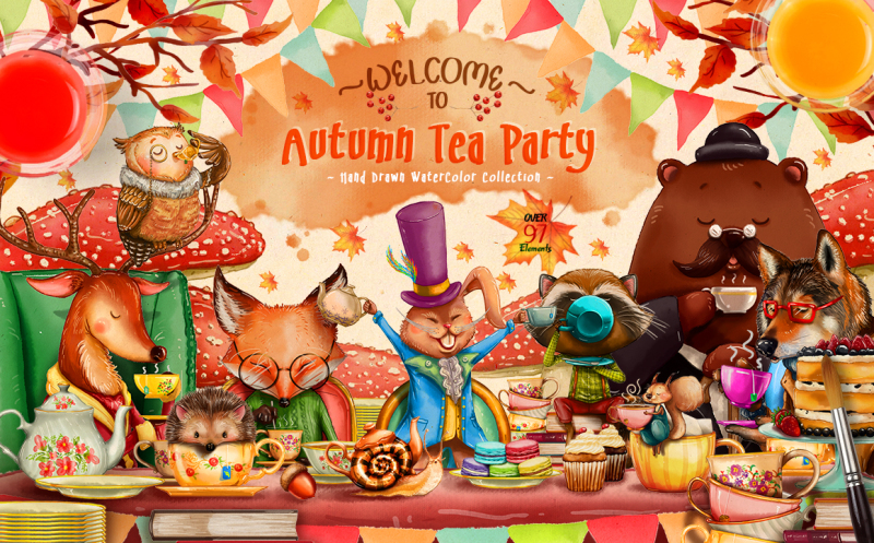 autumn,illustration,tea party,fall,animal,character.