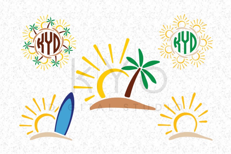 Download Sun Tropical Island Surf Palm Tree Summer Monogram SVG files By kYo Digital Studio ...