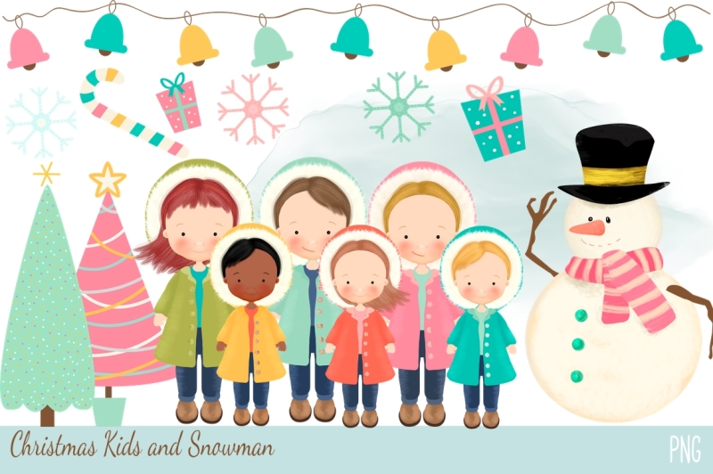 Christmas Kids and Snowman By Digital Paper Craft | TheHungryJPEG