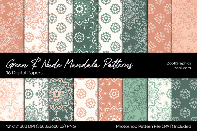 Green & Nude Mandala Digital Papers By ZoollGraphics | TheHungryJPEG