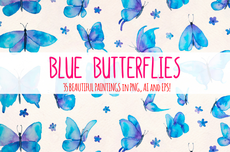 Blue Butterflies 35 Cute Elements By Violet LeBeaux | TheHungryJPEG