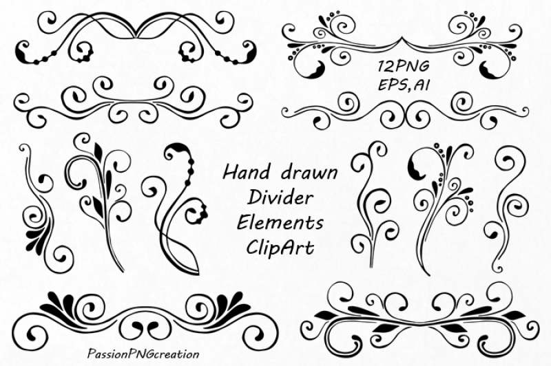 Divider Elements, Digital Clipart, EPS, PNG, Hand Drawn By ...