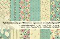 Vintage Flowers On Creamy And Mint Background Digital Paper By Floraaplus Thehungryjpeg Com
