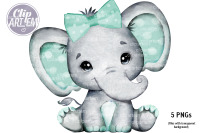 Mint Boy Girl Unisex Elephant with bow tie, PNG clip art set By