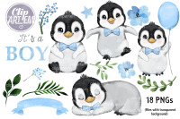 Cute Baby Penguin Sleeping on the Crescent Clipart Set, Watercolor
