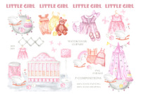 Pink doll accessories watercolor clipart. Girl child. Toys. By illustrator  Sabina Z