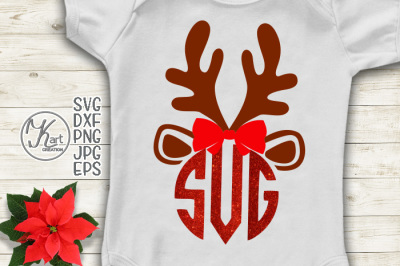 Reindeer monogram svg, Christmas monogram svg, Antlers monogram svg, Reindeer face with bow, svg, Reindeer baby girl svg, Reindeer svg file