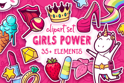 Girls power. Clip art and patterns set