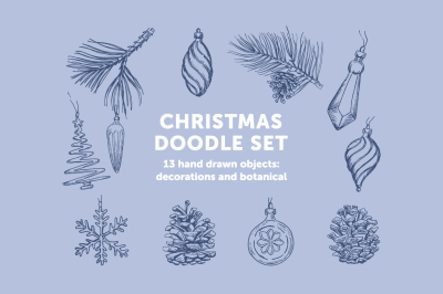 Christmas doodle set: botanical elements and Christmas decorations.
