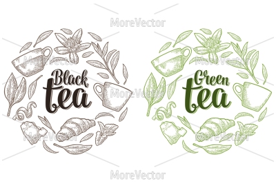 Set with lettering Black Green Tea.  Vector vintage engraving 