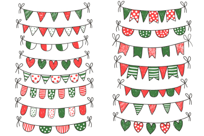 Christmas bunting clipart, Red green white doodle buntings clip art, holiday, winter