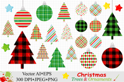 Christmas Trees and Ornaments Clipart - Vector
