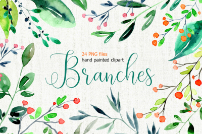 Watercolor branches leaves twigs aquarelle PNG hand painted clipart / watercolour bright green foliage digital clip art