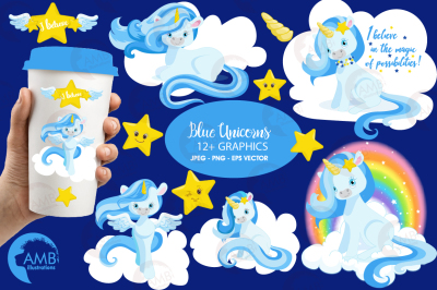 Blue unicorns clipart, graphics, illustrations AMB-1383
