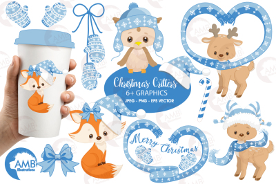 Christmas Critters in blue, clipart, graphics, illustrations AMB-1515