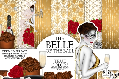 Belle of the ball Digital Paper Pack Ball Girl Fashion Illustration Planner Stickers Supplies Seamless Champagne Gold Watercolor Background