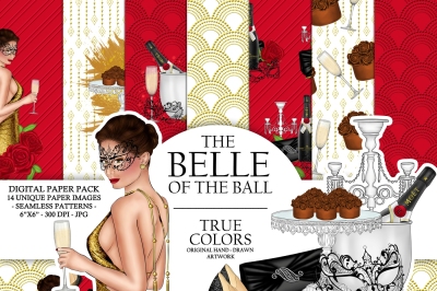 Belle of the ball Digital Paper Pack Ball Girl Fashion Illustration Planner Stickers Supplies Seamless Champagne Red Watercolor Background