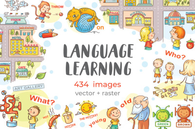 Teaching aid while language learning, cartoon clipart bundle