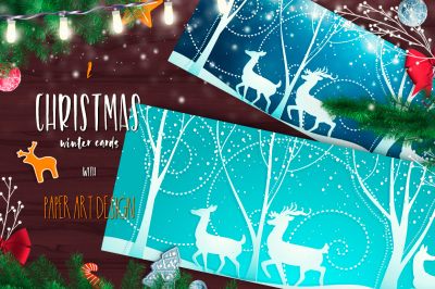 Beautiful Christmas&nbsp;backgrounds with&nbsp;graceful deer and winter forest. Elegant Paper art design.