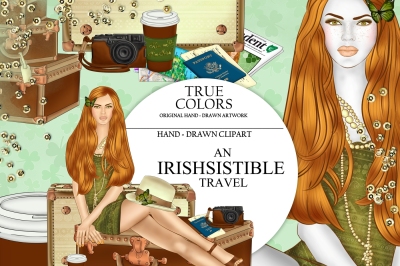 St. Patricks Day Clip Art Travel Girl Fashion Illustration Planner Stickers Supplies Irish Green Watercolor Suitcase Camera Map Sticker DIY