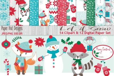 Animal Christmas Clipart and Digital Paper Set