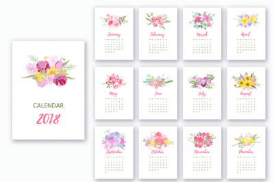 Printable 2018 Calendar with pretty colorful flowers. Vector illustration. Version 2