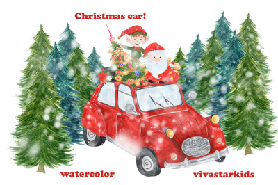 Watercolor Christmas Car Clipart